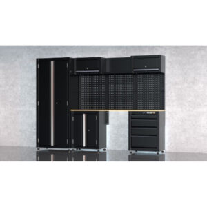 Nutikate seadmete töökoja töölaud kappide ja sahtlitega